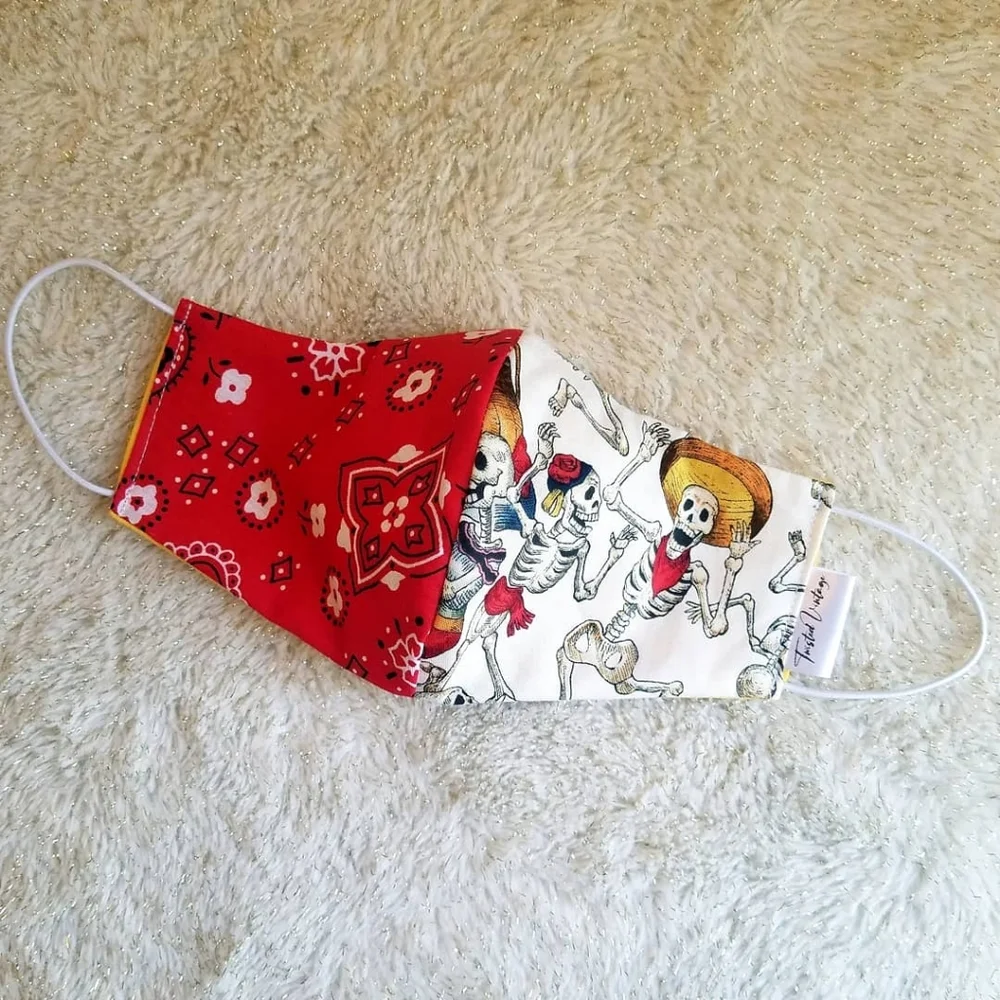 Handmade Mexican Skeleton Party Red Paisley Reversible Cotton Face Mask